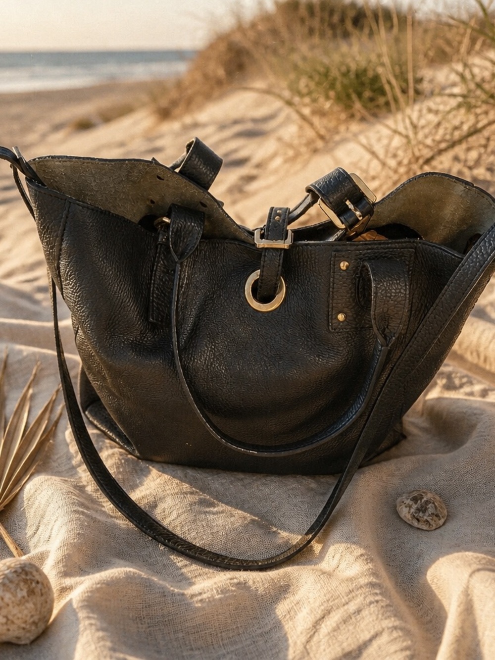 Black Leather Satchel with Gold Ring Detail